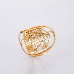 SIPURIS Metatron Cube Ring for Men Women Magic Men's Archangel Adjustable Finger Rings Signet Ring Band Stainless Steel Sacred Geometry Hexagram Protection Amulet Ring Statement Band (Gold)