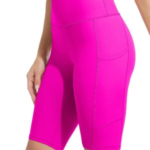 SOCIALA Women's Knee Length High Waist Biker Shorts with Pockets Tummy Control Compression Yoga Running Short Magenta