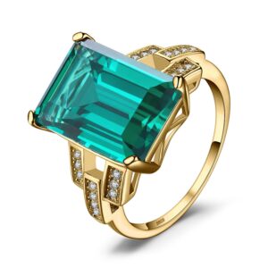 jewelrypalace emerald cut 6ct simulated emerald solitaire cocktail rings for women, green gemstone 925 sterling silver 14k yellow gold plated ring, gemstone ring for women jewelry set 9