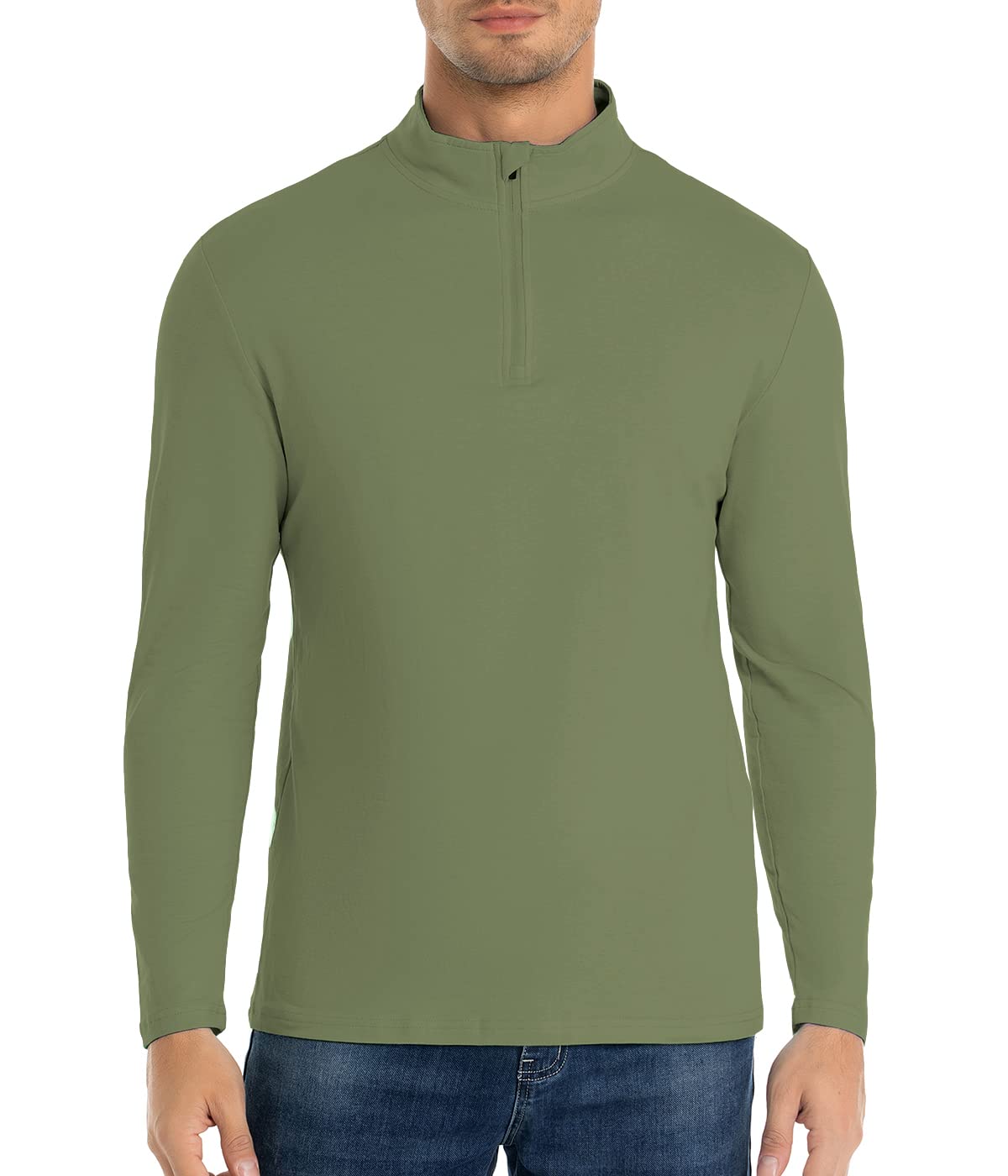 CARWORNIC Men's Long Sleeve Shirt Quarter Zip Pullover Casual Slim Fit Stretch Cotton Shirt Fashion Classic fit Basic Designed Golf Shirt Zip Up Neck Work Tee Shirts Grass Green