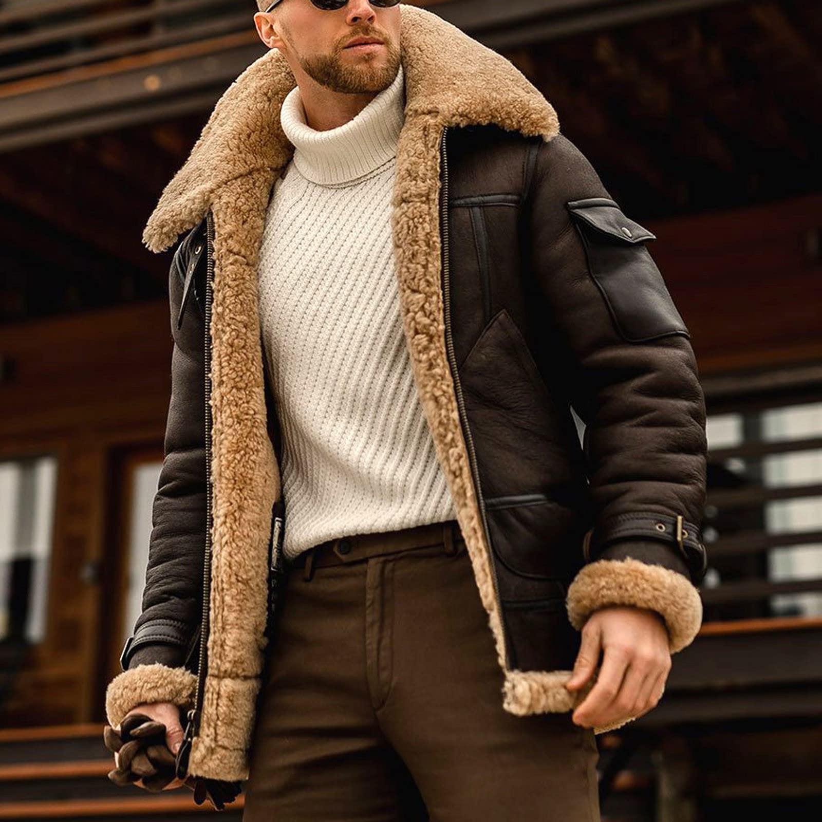 Men’s Thickened Down Jacket Casual Solid Turndown Winter Thicken Cool Zipper Patchwork Jacket Coats