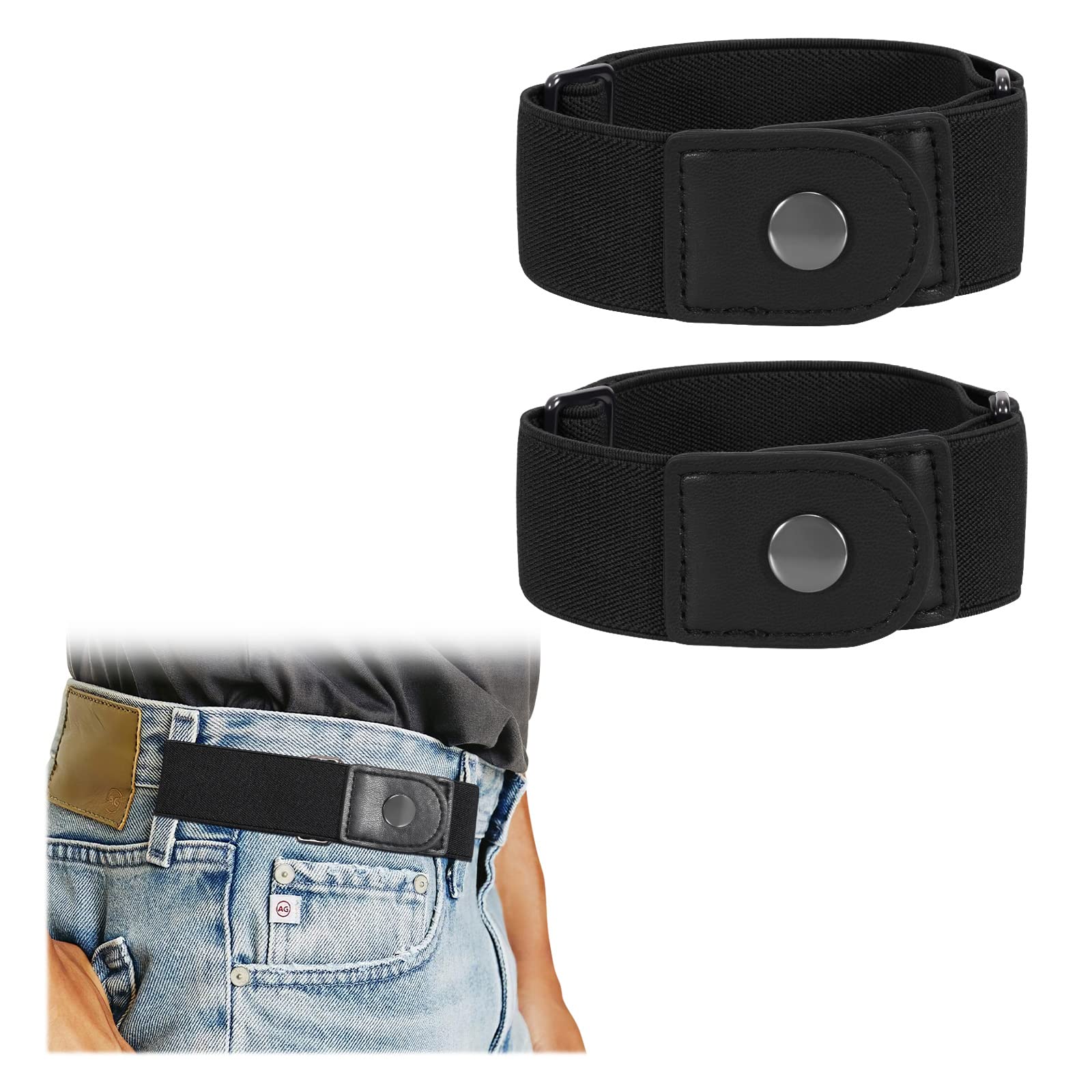 WERFORU 2 Pack Men 2 Loop No Buckle Elastic Belt for Women Men Stretch Belt, Black+Black, Fits 2 loop distance :4.7"-6"