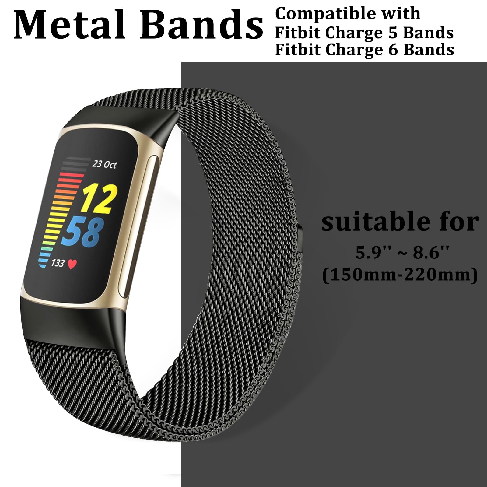 surundo Compatible with Fitbit Charge 6/Charge 5 Bands for Wmen Men, Metal Mesh Milanese Loop Adjustable Strap Replacement for Fitbit Charge 6/Charge 5 Advanced Fitness & Health Trackers