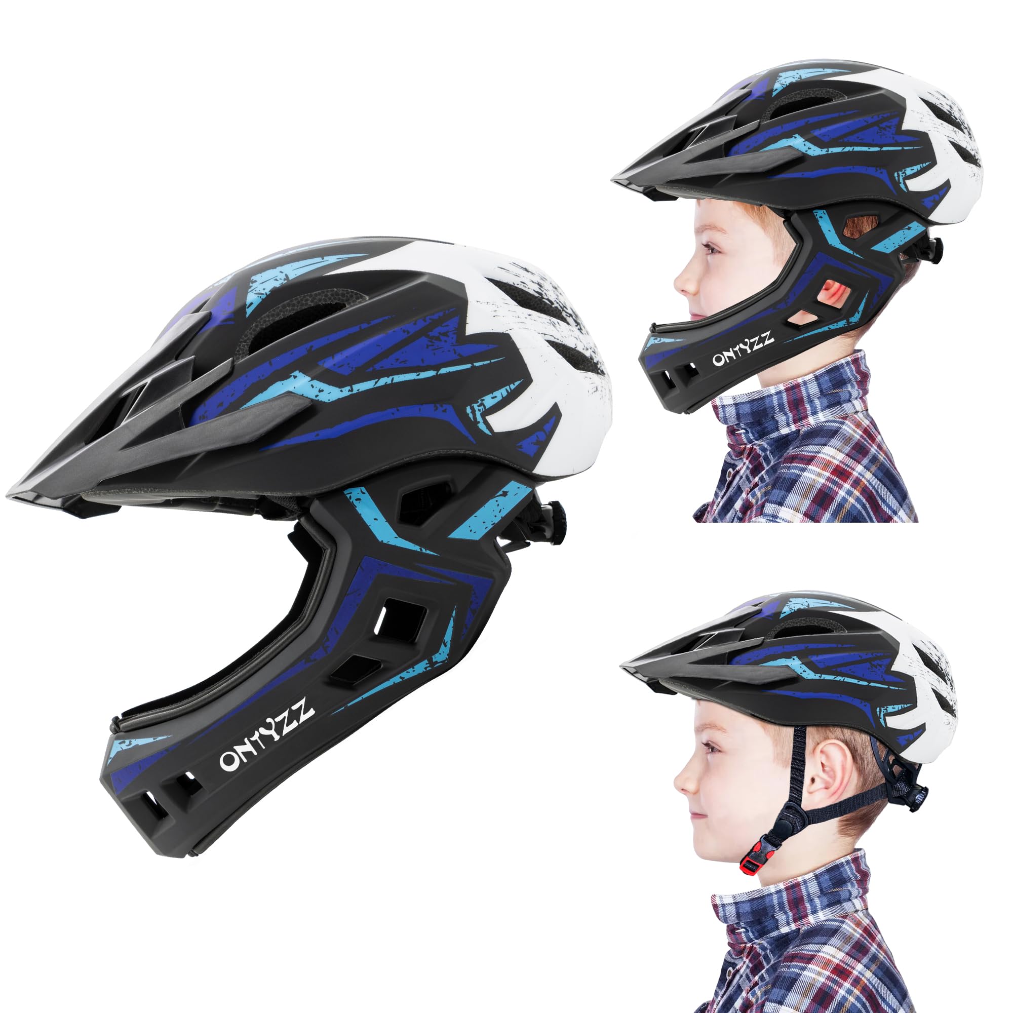 ONTYZZ Kids Bicycle Helmet Kids Adjustable Safety Full Face Helmet Lightweight Toddler Mountain Full Bike Helmet for Skating Cycling Scooter for Youth Child Boys Girls Ages Blue and White/S