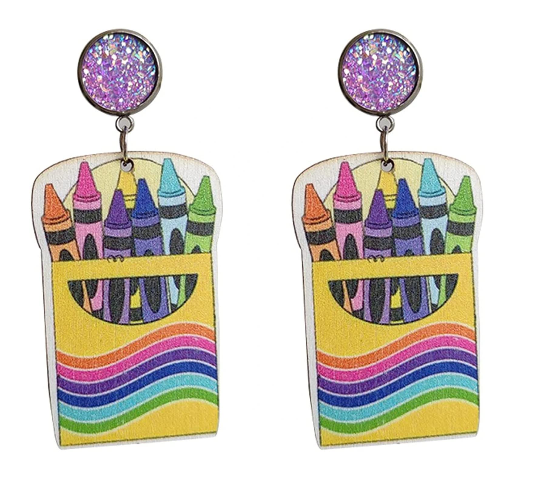 Cute Dangling Crayon Teachers Earrings for Women Handmade Funny Pencil Book Wood Drop Dangle Earrings Rainbow Lightweight Acrylic Reading Earrings Gifts -Style 1