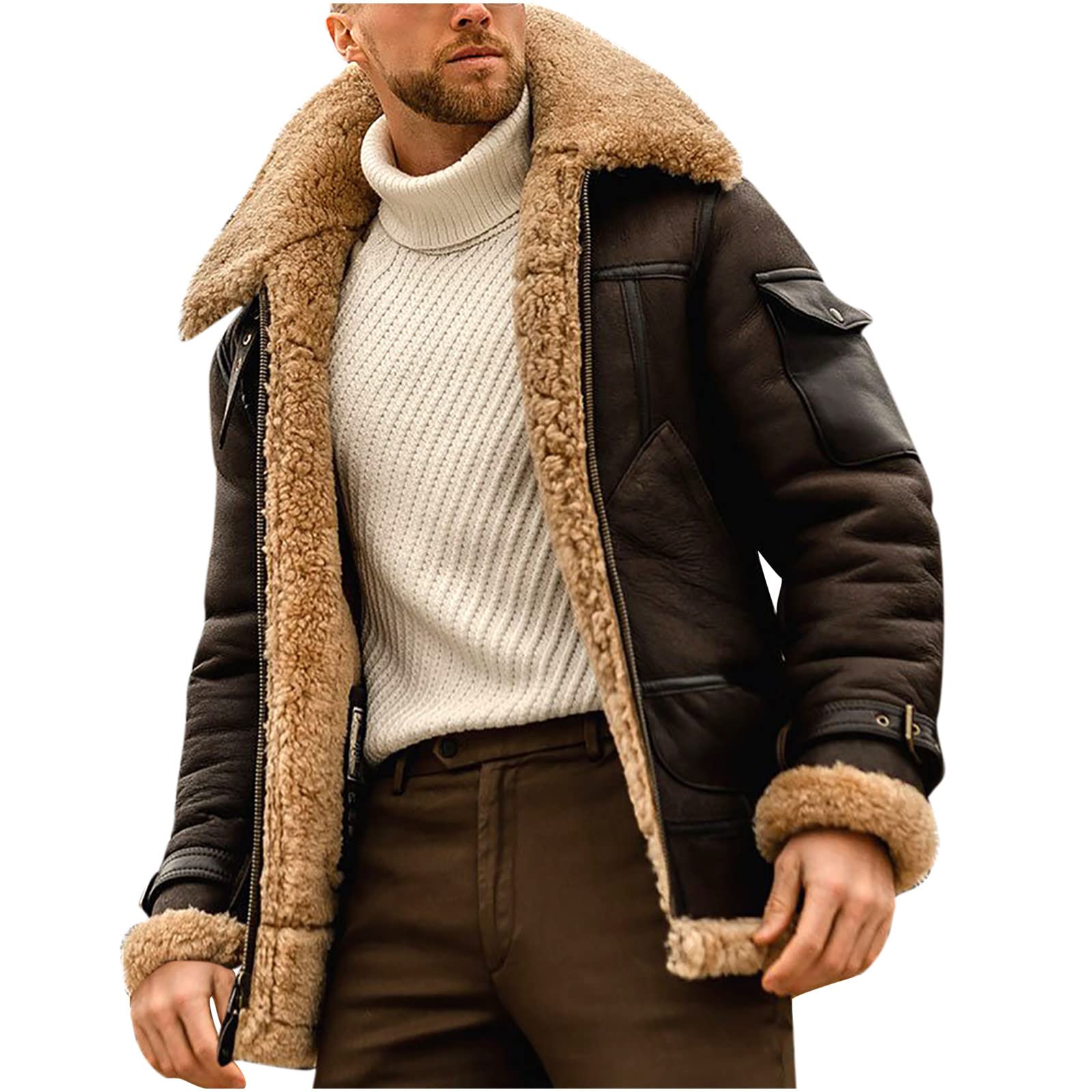 Men’s Thickened Down Jacket Casual Solid Turndown Winter Thicken Cool Zipper Patchwork Jacket Coats