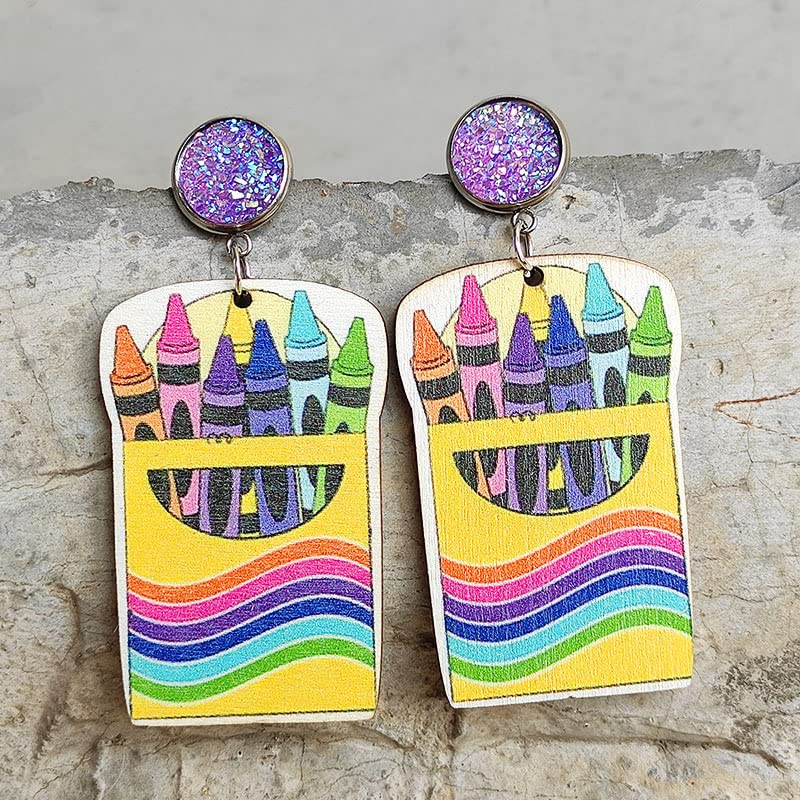 Cute Dangling Crayon Teachers Earrings for Women Handmade Funny Pencil Book Wood Drop Dangle Earrings Rainbow Lightweight Acrylic Reading Earrings Gifts -Style 1