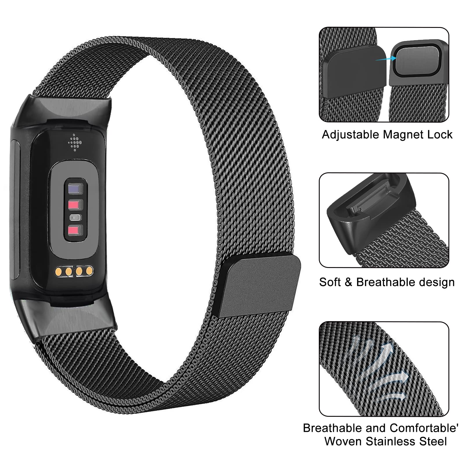 surundo Compatible with Fitbit Charge 6/Charge 5 Bands for Wmen Men, Metal Mesh Milanese Loop Adjustable Strap Replacement for Fitbit Charge 6/Charge 5 Advanced Fitness & Health Trackers