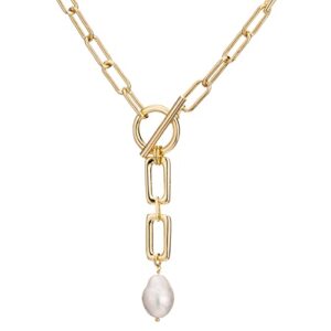 Itcoery Women’s 18K Gold Baroque Pearls Necklace Paperclip Link Chain Toggle Clasp Chunky Irregular pearl necklace