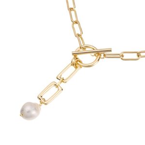 Itcoery Women’s 18K Gold Baroque Pearls Necklace Paperclip Link Chain Toggle Clasp Chunky Irregular pearl necklace