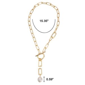 Itcoery Women’s 18K Gold Baroque Pearls Necklace Paperclip Link Chain Toggle Clasp Chunky Irregular pearl necklace