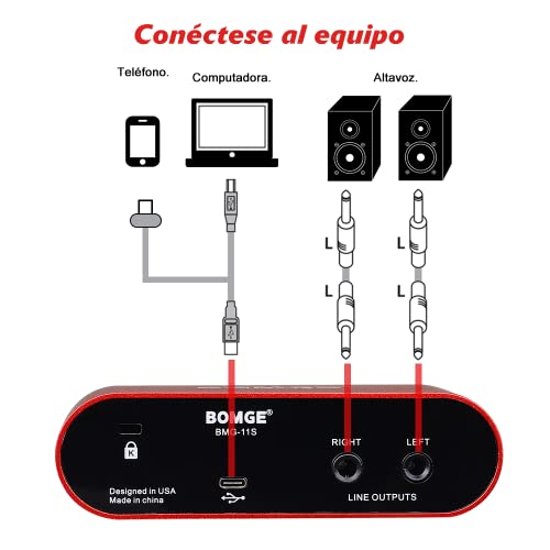 BOMGE BMG11S USB Audio Interface, 24Bit/196kHz High-Fidelity, Ultra-low Latency, for Pc and Mac, with XLR/48V Phantom Power for Recording, Streaming (red)