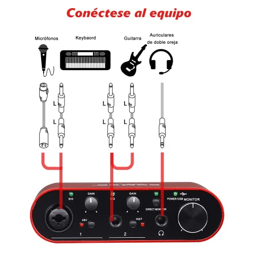 BOMGE BMG11S USB Audio Interface, 24Bit/196kHz High-Fidelity, Ultra-low Latency, for Pc and Mac, with XLR/48V Phantom Power for Recording, Streaming (red)