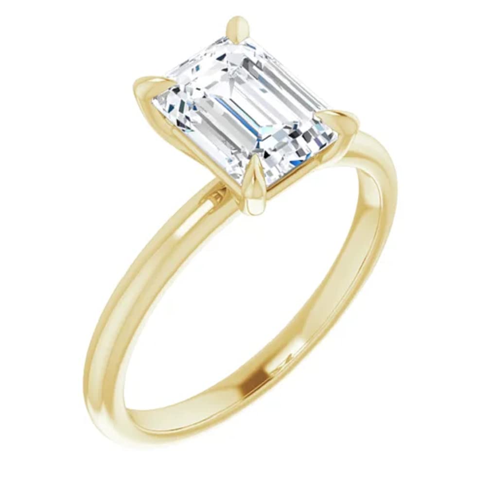 925 Silver, 10K/14K/18K Solid Gold Handmade Engagement Ring, 2 Carats Emerald Cut Moissanite Solitaire Ring, Wedding Bridal Rings for Women/Her, Anniversary Propose Gifts Ring (10K Solid Yellow Gold)