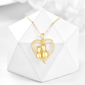 KECHO Gold Cat Necklace for Women 14K Gold Love Heart Cat Pendant Necklace Fine Gold Cats Jewelry Christmas Gifts for Girlfriend Mother Her (A style-double cat necklace)