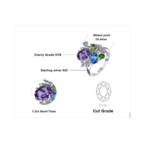 JewelryPalace Flower Genuine Amethyst Peridot Chrome Diopside Blue Topaz Rings for Women, Adjustable Open 14K Yellow Gold Plated 925 Sterling Silver Ring, Multicolor Natural Gemstone jewelry Set