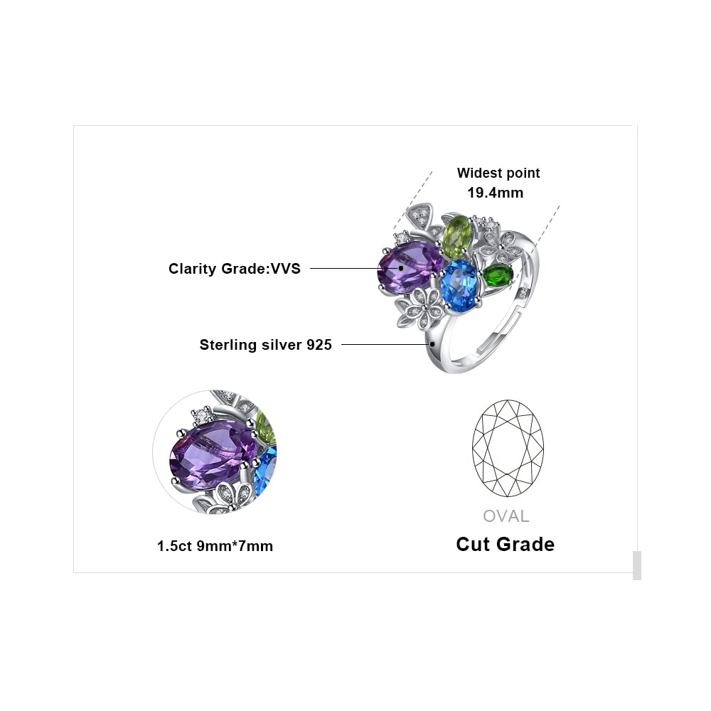 JewelryPalace Flower Genuine Amethyst Peridot Chrome Diopside Blue Topaz Rings for Women, Adjustable Open 14K Yellow Gold Plated 925 Sterling Silver Ring, Multicolor Natural Gemstone jewelry Set