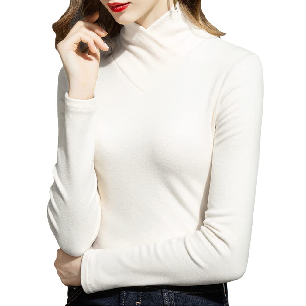 Trendy Cross Mock Neck Double-Side Fleece Warm Women Underwear Top Bottom Shirt (S, Off White)