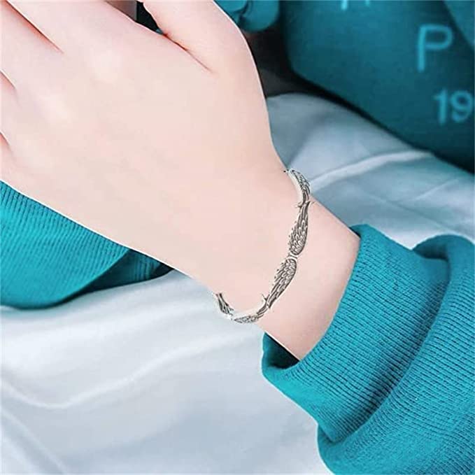 PEKWASY Angel Wings Bracelet for Women Girls, 925 Silver Plated Layering Angel Wings Bracelet Adjustable Inspirational Guardian Angel Bangle Bracelets for Women Men Birthday/Graduation Gifts