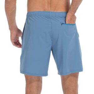 LRD Mens Athletic Workout Shorts with Compression Liner 7 inch Inseam Blue/Pink Surfer Dino - M