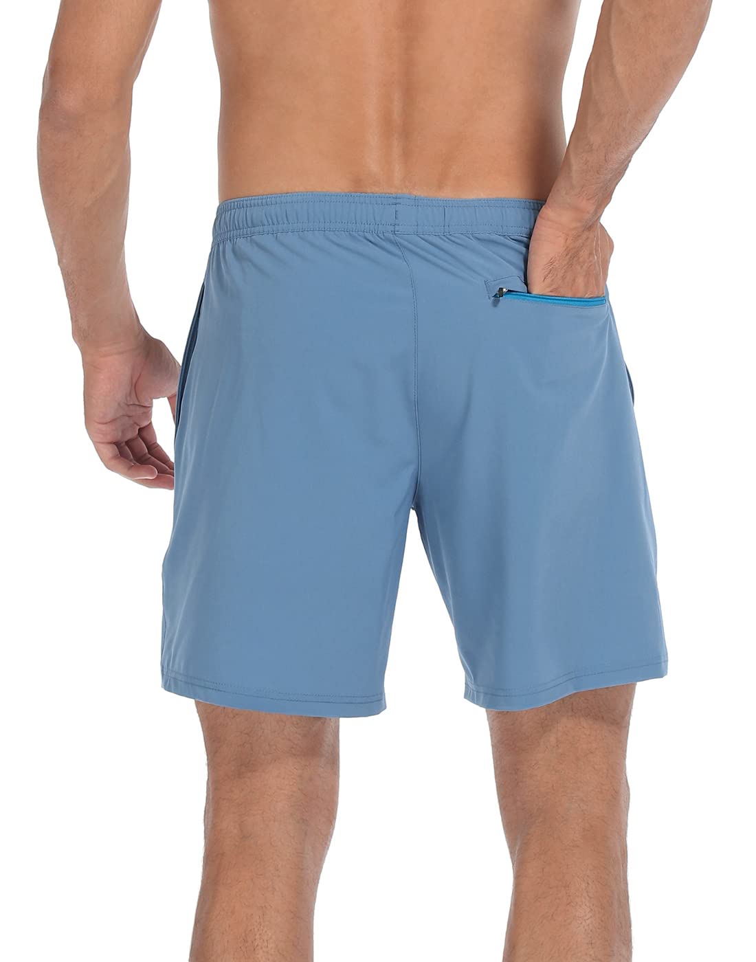 LRD Mens Athletic Workout Shorts with Compression Liner 7 inch Inseam Blue/Pink Surfer Dino - M