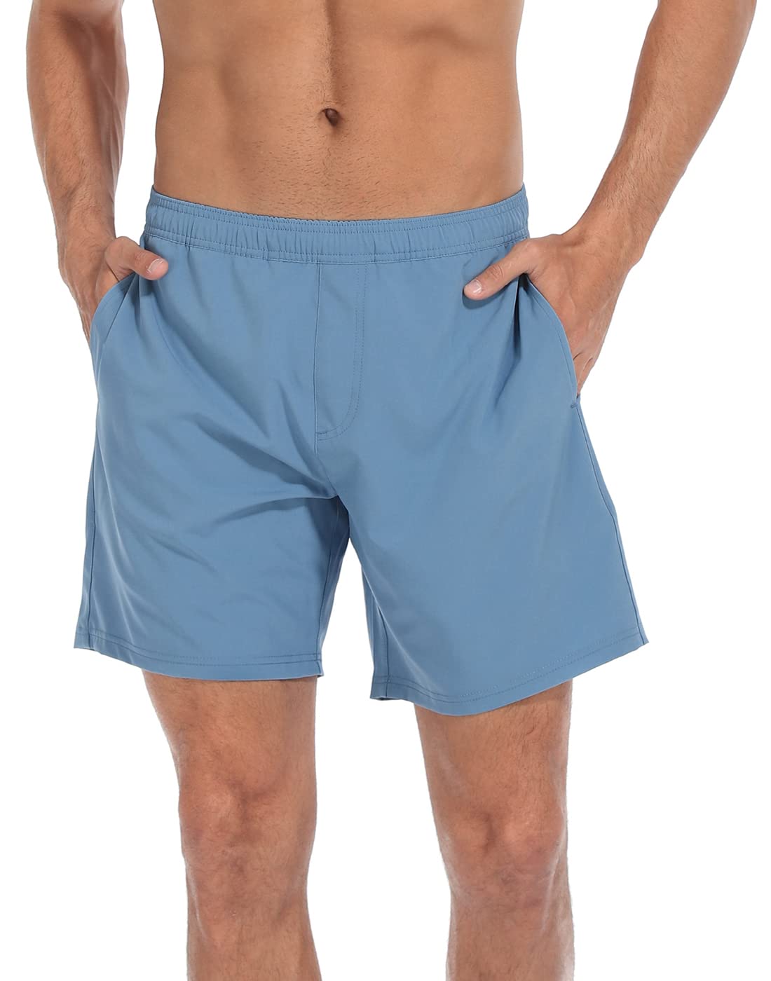 LRD Mens Athletic Workout Shorts with Compression Liner 7 inch Inseam Blue/Pink Surfer Dino - M