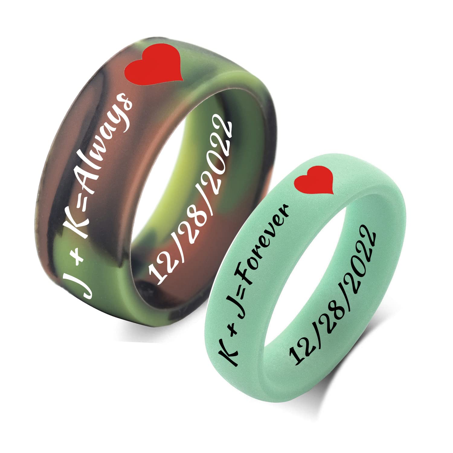 SHNIAN Rubber Matching Rings Colorful Heart Ring Silicone Rings Custom Engraved Engagement Gift, Womens Silicone Wedding Band, Camouflage Green & Light Green - Standard US Size 4 to 14