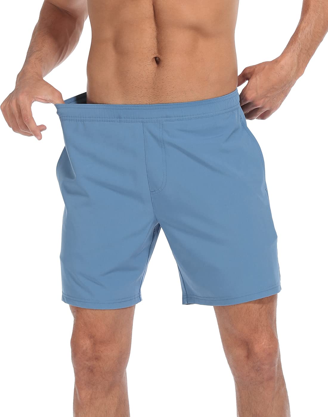 LRD Mens Athletic Workout Shorts with Compression Liner 7 inch Inseam Blue/Pink Surfer Dino - M