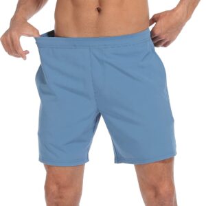 LRD Mens Athletic Workout Shorts with Compression Liner 7 inch Inseam Blue/Pink Surfer Dino - L