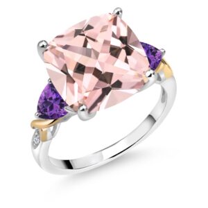 gem stone king 925 silver and 10k yellow peach nano morganite and purple amethyst and diamond ring for women (8.33 cttw, 12mm cushion and 5mm trillion, available in size 5,6,7,8,9)