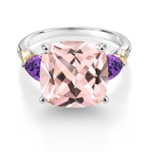 Gem Stone King 925 Silver and 10K Yellow Peach Nano Morganite and Purple Amethyst and Diamond Ring For Women (8.33 Cttw, 12MM Cushion and 5mm Trillion, Available in Size 5,6,7,8,9)