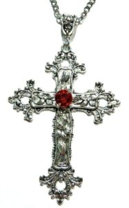 large gothic cross necklace silver-tone pendant on 24" steel chain with red stone