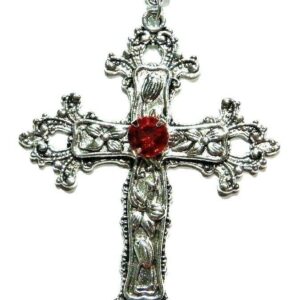 Large Gothic Cross Necklace silver-tone pendant on 24" steel chain with RED stone