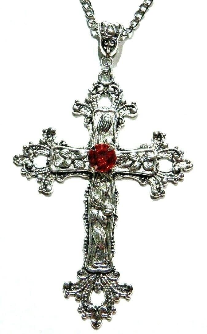 Large Gothic Cross Necklace silver-tone pendant on 24" steel chain with RED stone