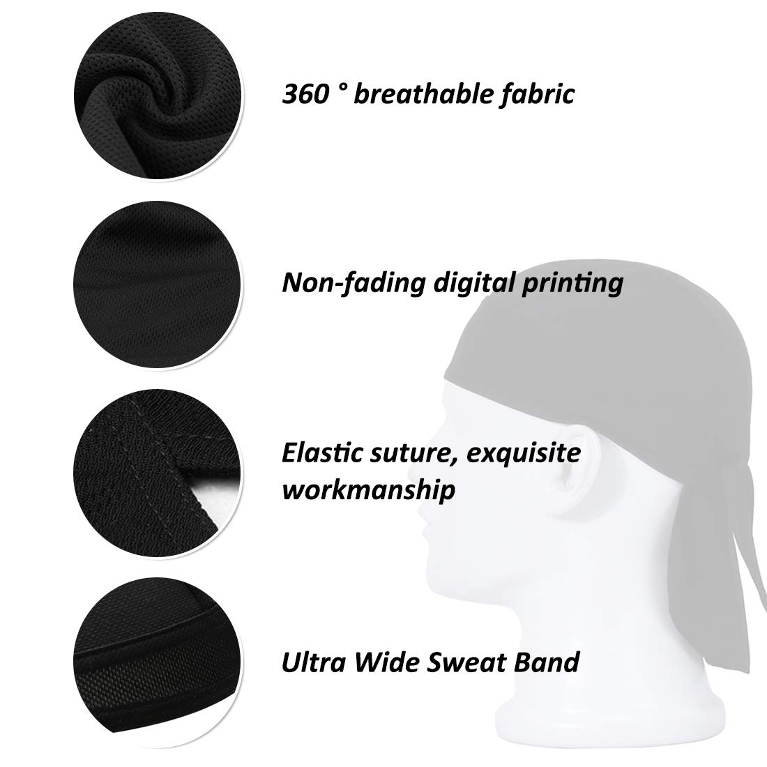 KXF Do Rag Skull Cap Beanie for Men Sweat Wicking Bandana Headbands Pirate Hat Cooling Helmet Liner Biker Head Wrap for Cycling Running Sports Black