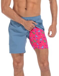 lrd mens athletic workout shorts with compression liner 7 inch inseam blue/pink surfer dino - m