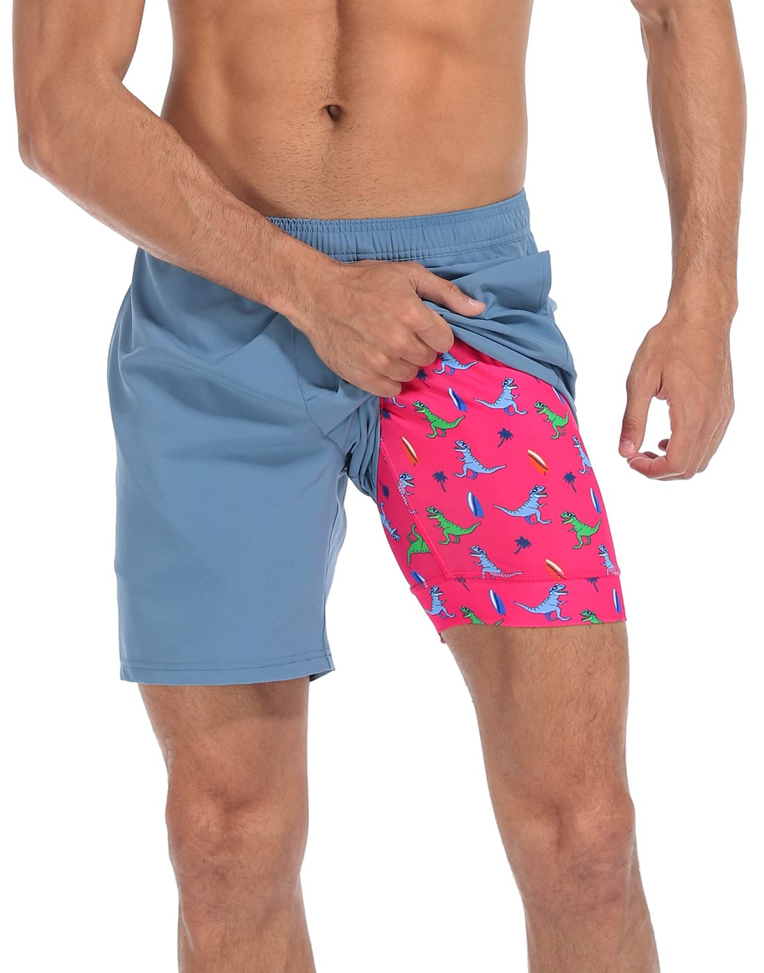 LRD Mens Athletic Workout Shorts with Compression Liner 7 inch Inseam Blue/Pink Surfer Dino - M