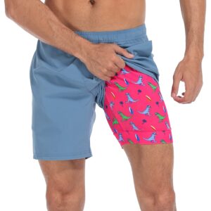 LRD Mens Athletic Workout Shorts with Compression Liner 7 inch Inseam Blue/Pink Surfer Dino - L