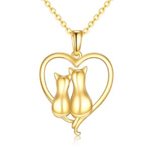 kecho gold cat necklace for women 14k gold love heart cat pendant necklace fine gold cats jewelry christmas gifts for girlfriend mother her (a style-double cat necklace)