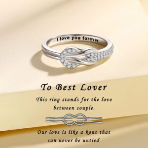 Love Knot Promise Ring for Women S925 Sterling Silver Square Knot Ring Engraved "I Love You Forever" Mothers'Day Birthday Valentine's Day Jewelry Gift for Girlfriend Boyfriend (5)