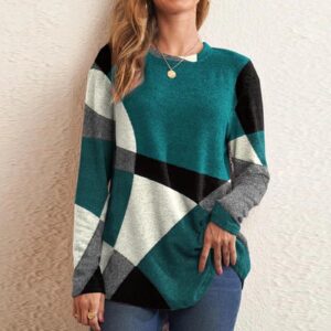 Casual Round Neck Long Sleeve Sweater for Women,Geometric Print Sweatshirts Fall Loose Pullover Blouse Tops Shirts Green