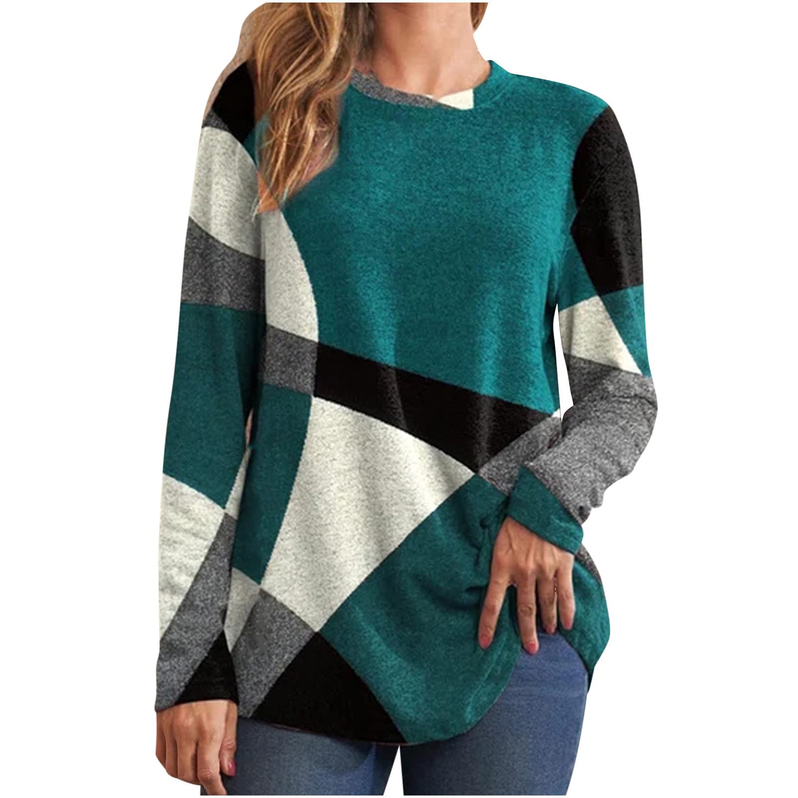 Casual Round Neck Long Sleeve Sweater for Women,Geometric Print Sweatshirts Fall Loose Pullover Blouse Tops Shirts Green