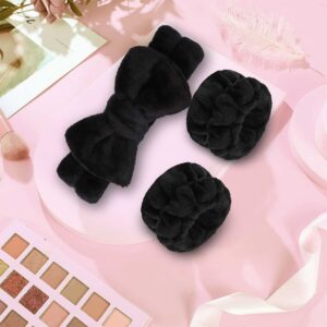 WSYUB Makeup Headbands, 1pcs Black Spa Headband Fluffy Bow Tie Headband Microfiber Face Headband, and 2Pcs Wrist Spa Wash Band Absorbent Wristbands, for Washing Face Skin Care