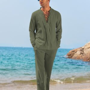 COOFANDY Men's 2 Piece Linen Sets Casual Long Sleeve Shirt and Loose Pants Set Beach Vacation Outfits, Army Green, X-Large