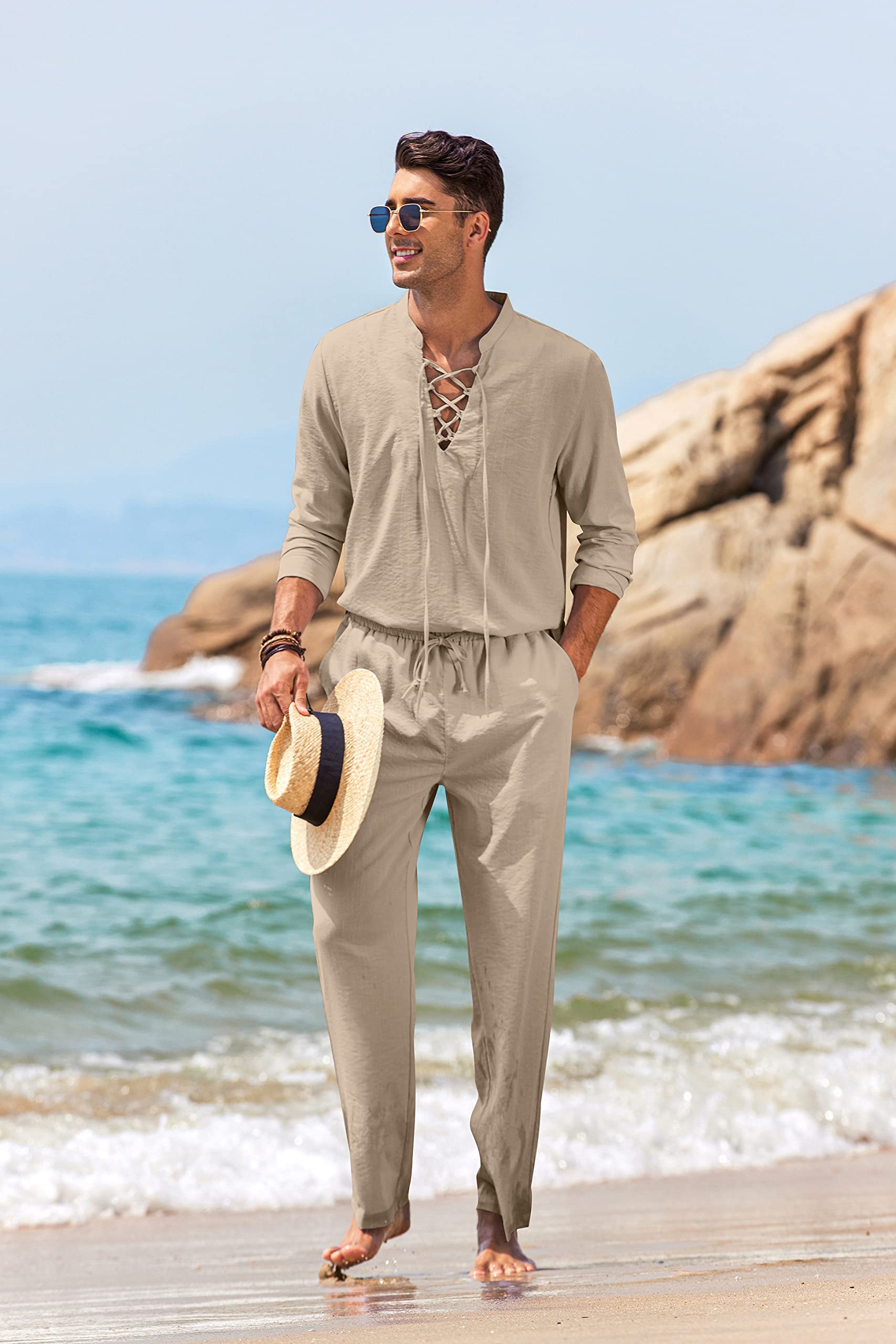 COOFANDY Men's 2 Piece Linen Set Long Sleeve Henley Shirts Casual Beach Pants With Pockets Summer Yoga Outfits