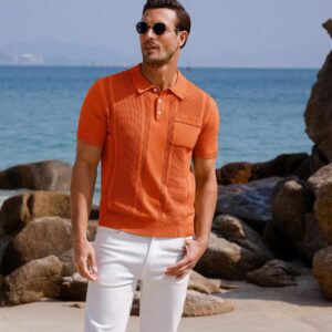 GRACE KARIN Men's Textured Knitted Bowling Polo Shirt Classic Short Sleeve Golf Shirts for Summer Orange L