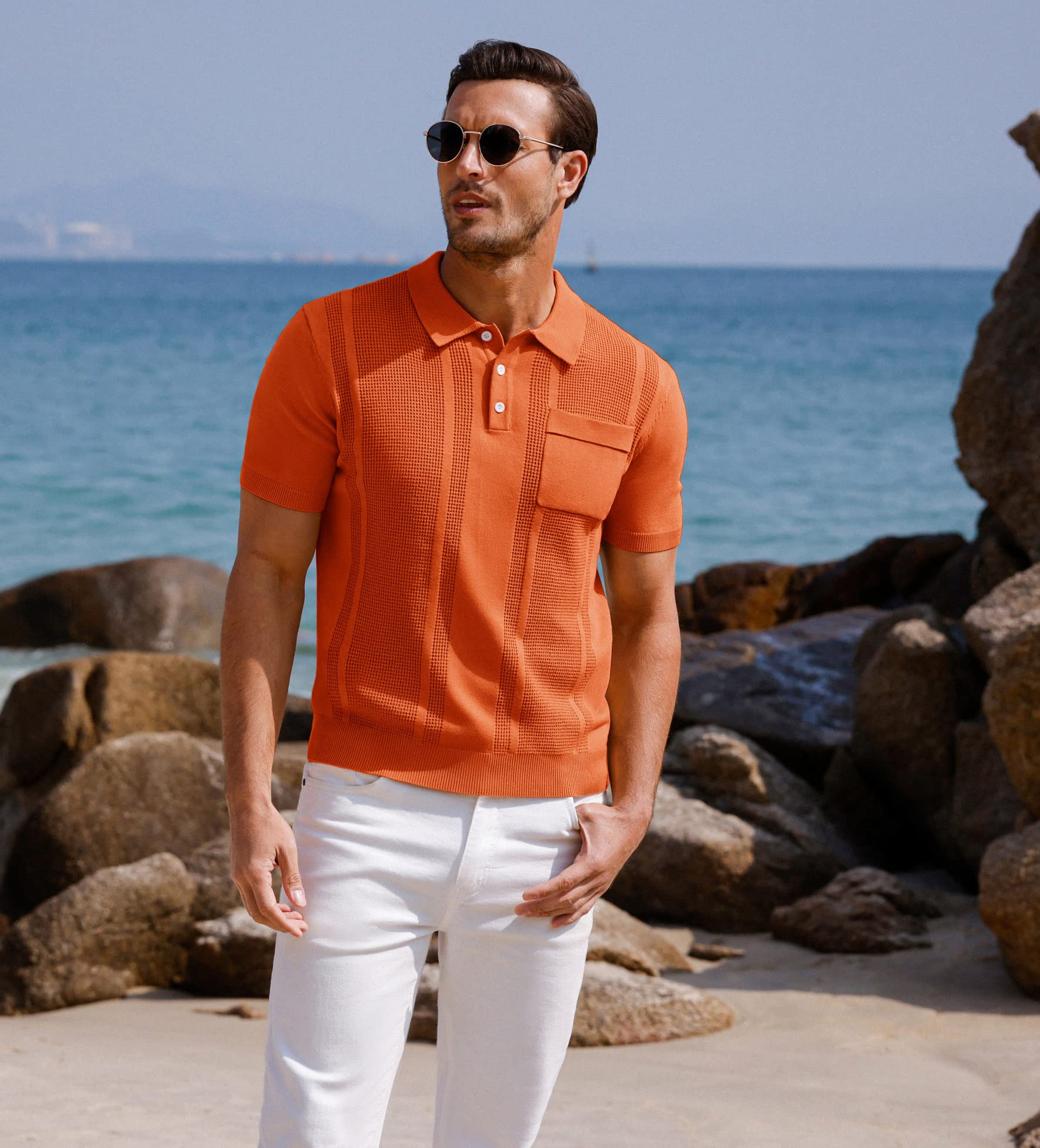 GRACE KARIN Men's Textured Knitted Bowling Polo Shirt Classic Short Sleeve Golf Shirts for Summer Orange L