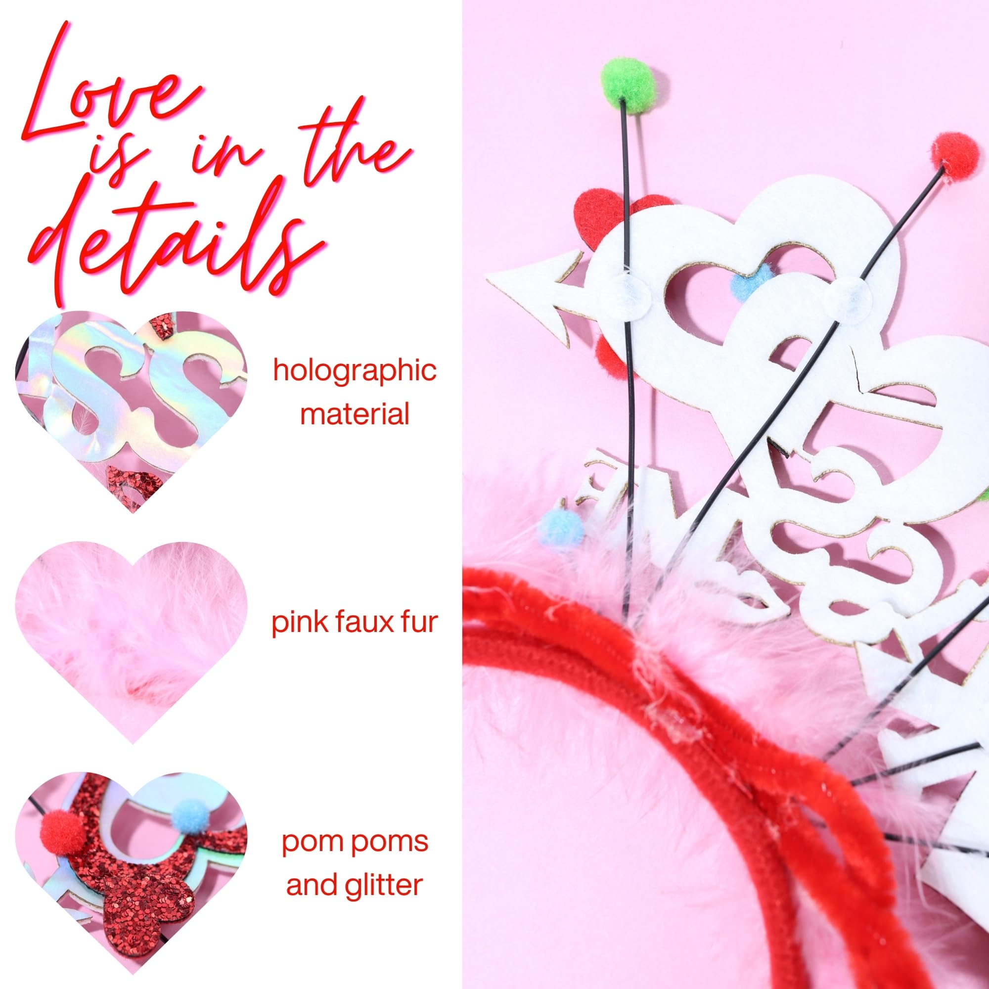 Needzo Kiss Me Valentine's Day Headband, Sparkly Bopper Hair Accessory, Photo Booth Props, One Size