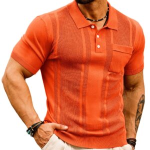 GRACE KARIN Mens Vintage Button Down Polo Shirts Lapel Collar Italian Pullover Knitwear Tops Orange XL