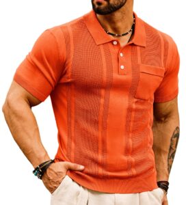 grace karin men's textured knitted bowling polo shirt classic short sleeve golf shirts for summer orange l